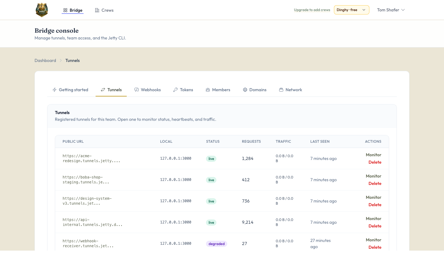 Jetty dashboard showing five tunnels with live and degraded statuses